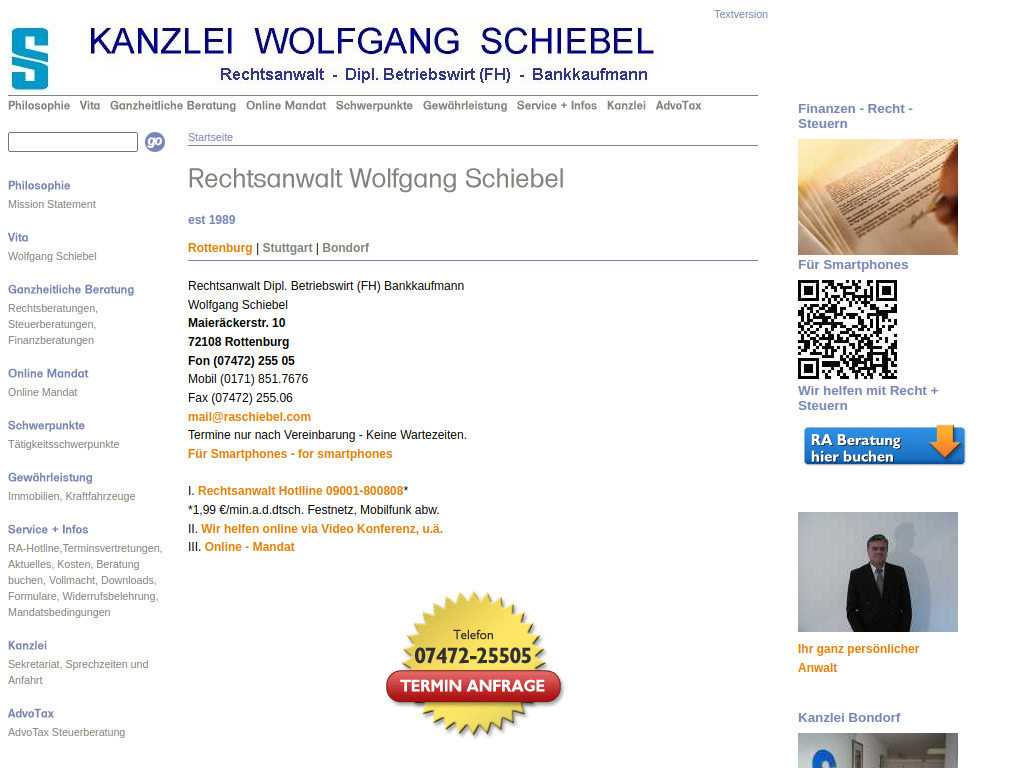 Website von Rechtsanwaltskanzlei Wolfgang Schiebel in Rottenburg