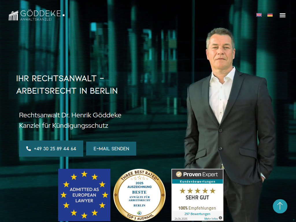 Website von Kanzlei für Arbeitsrecht, RA Dr. Henrik Göddeke in Berlin