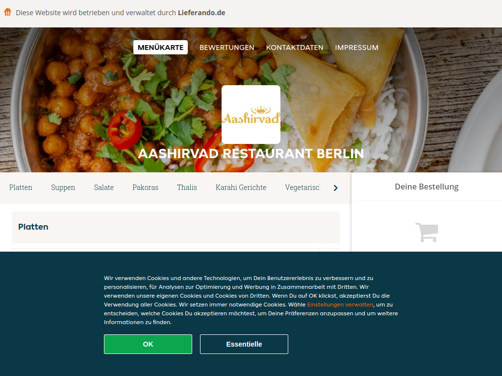 Website von Aashirvad Restaurant Berlin - Essen online bestellen in Berlin