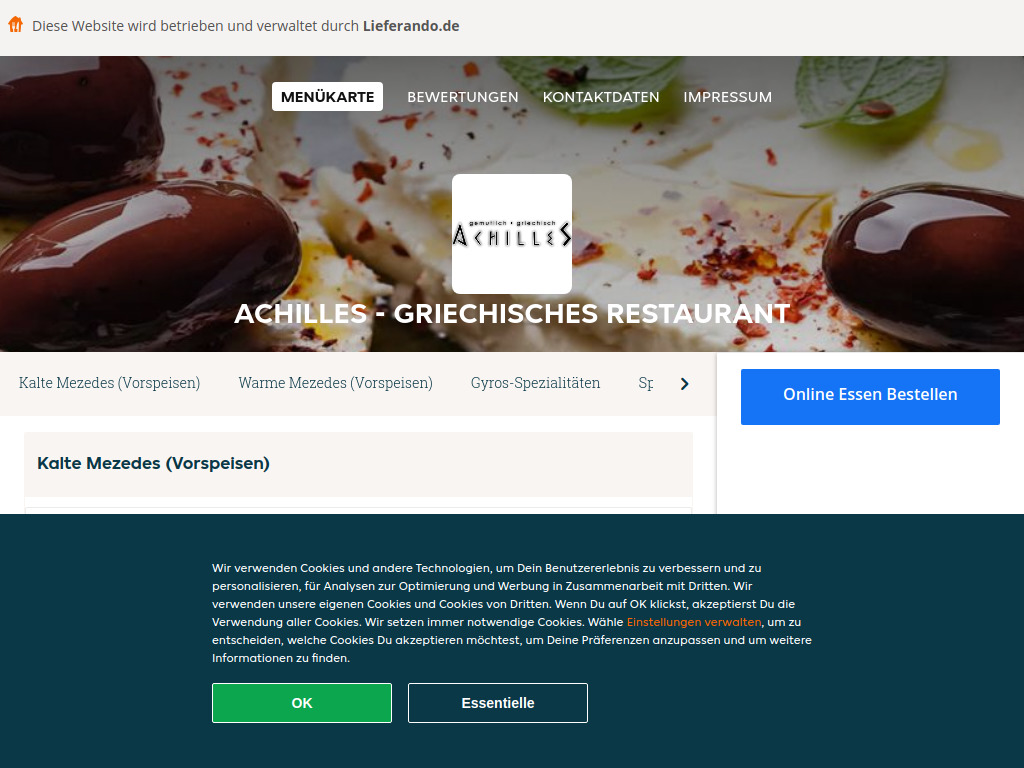 Website von Achilles - Griechisches Restaurant - Essen online bestellen in Hannover in Hannover