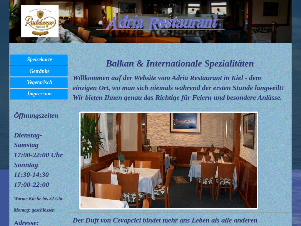 Website von Adria Restaurant in Kiel