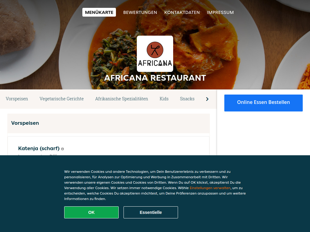 Website von Africana Restaurant - Essen online bestellen in Schaffhausen in Schaffhausen
