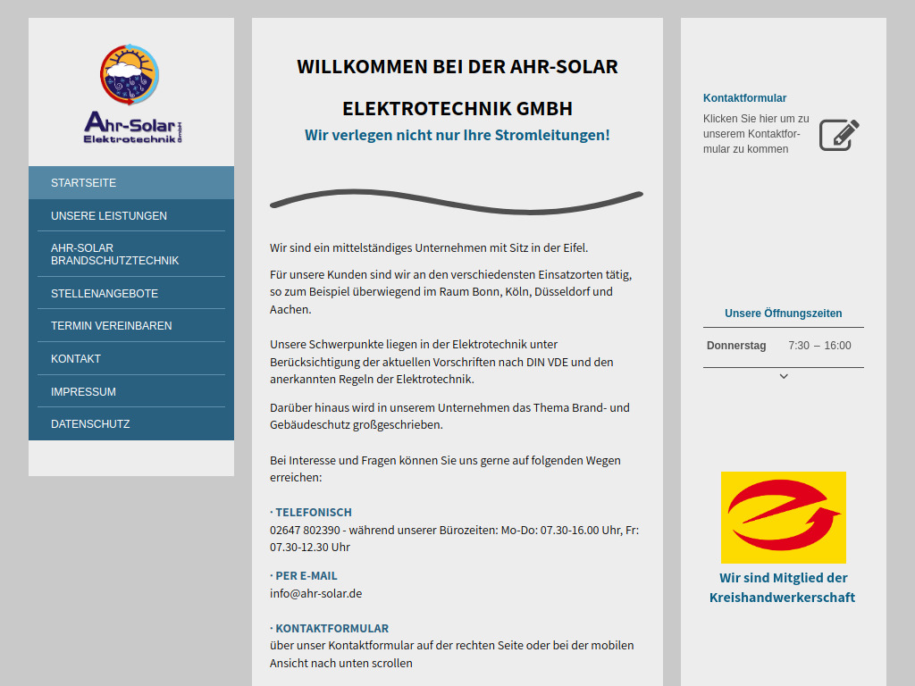 Website von Ahr-Solar Elektrotechnik GmbH in Kesseling
