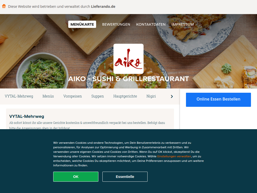 Website von Aiko - Sushi & Grillrestaurant - Essen online bestellen in Berlin