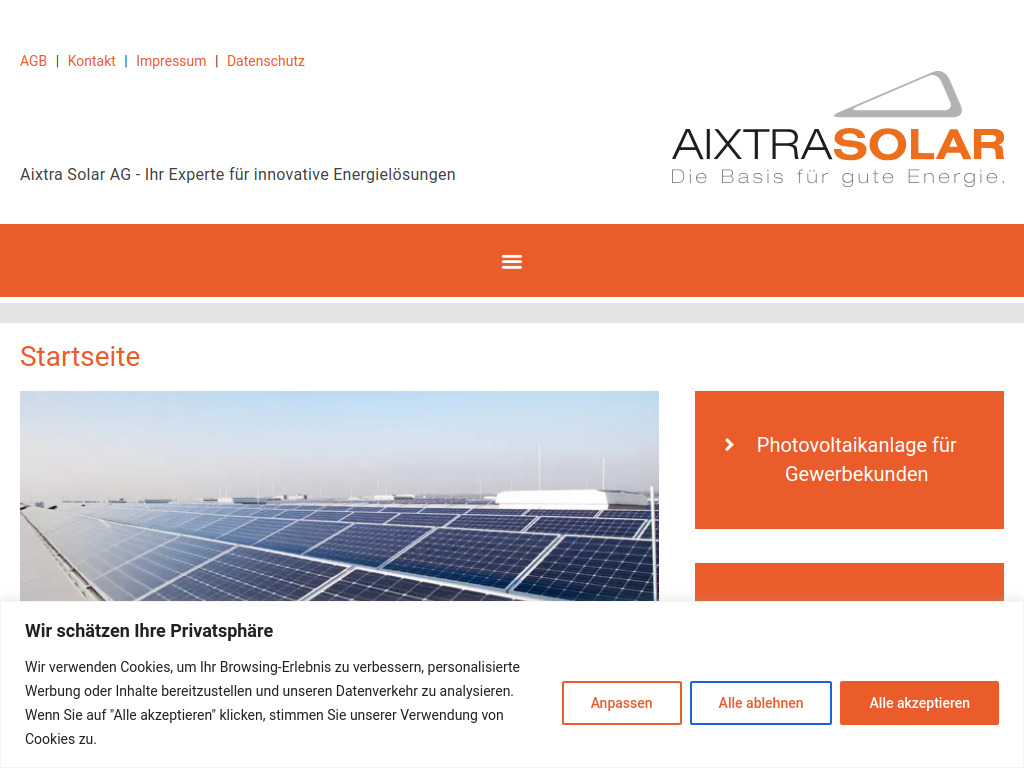 Website von Aixtra Solar AG in Aachen