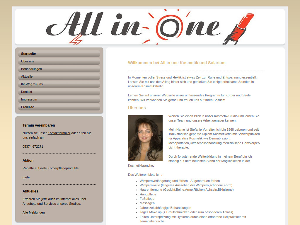 Website von All in one Kosmetik und Solarium in Isenbüttel