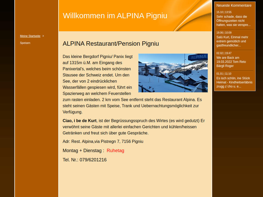 Website von Restaurant Alpina in Pigniu