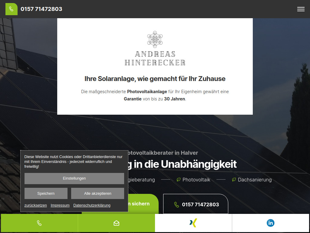 Website von Photovoltaik Beratungen Andreas Hinterecker in Halver