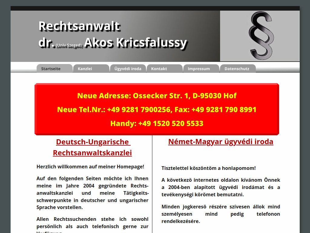 Website von Rechtsanwaltskanzlei Dr. Ákos Kricsfalussy in Hof
