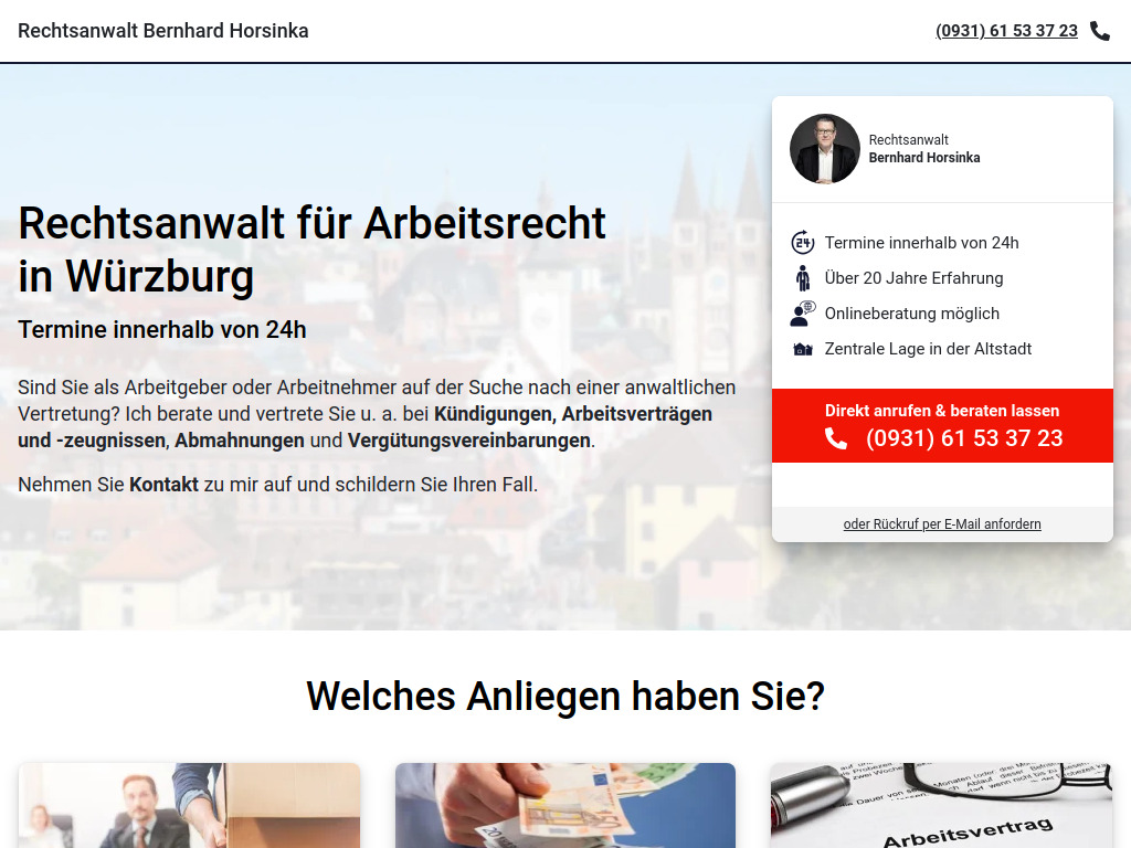 Website von Rechtsanwalt Bernhard Horsinka in Würzburg