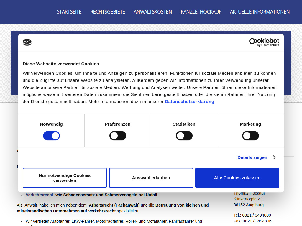 Website von Anwaltskanzlei Thomas Hockauf in Augsburg