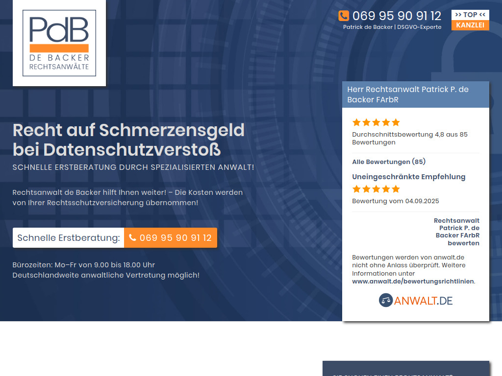 Website von De Backer Rechtsanwälte in Frankfurt