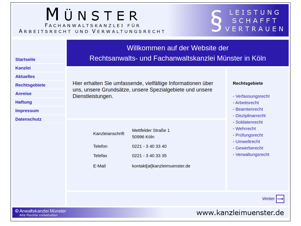 Website von Rechtsanwalts- und Fachanwaltskanzlei Münster in Köln