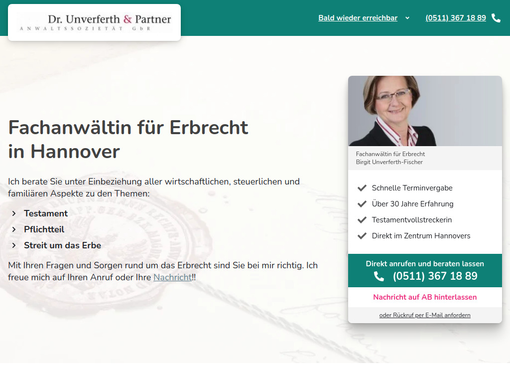 Website von Dr. Unverferth & Partner Anwaltssozietät GbR