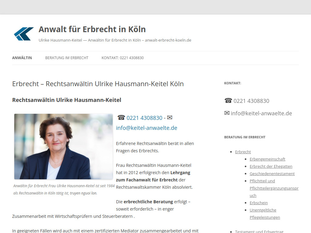 Website von Rechtsanwälte Hans G. Keitel Ulrike Hausmann-Keitel GbR in Köln