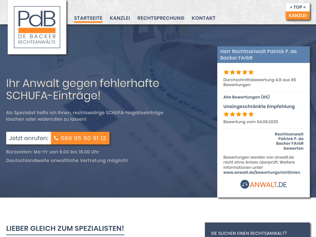 Website von De Backer Rechtsanwälte in Frankfurt am Main