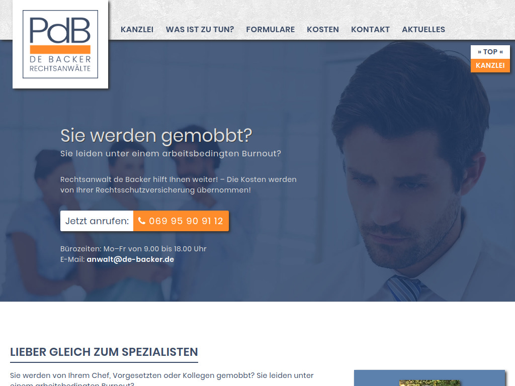 Website von De Backer Rechtsanwälte in Frankfurt