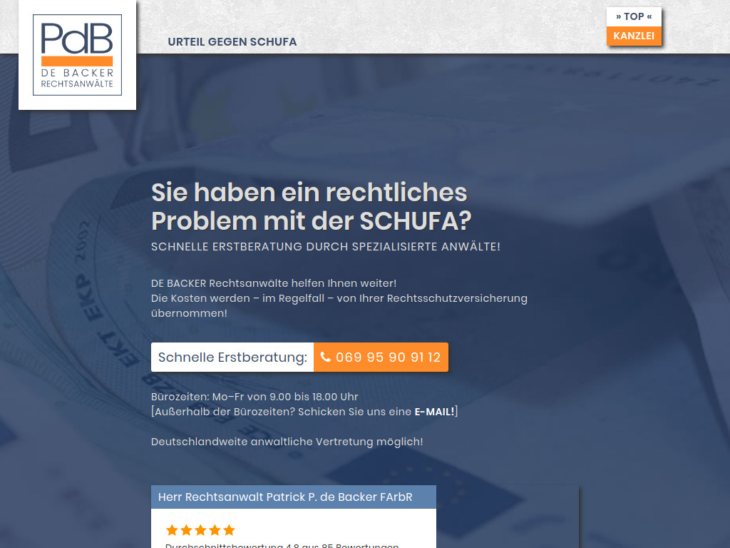 Website von De Backer Rechtsanwälte in Frankfurt