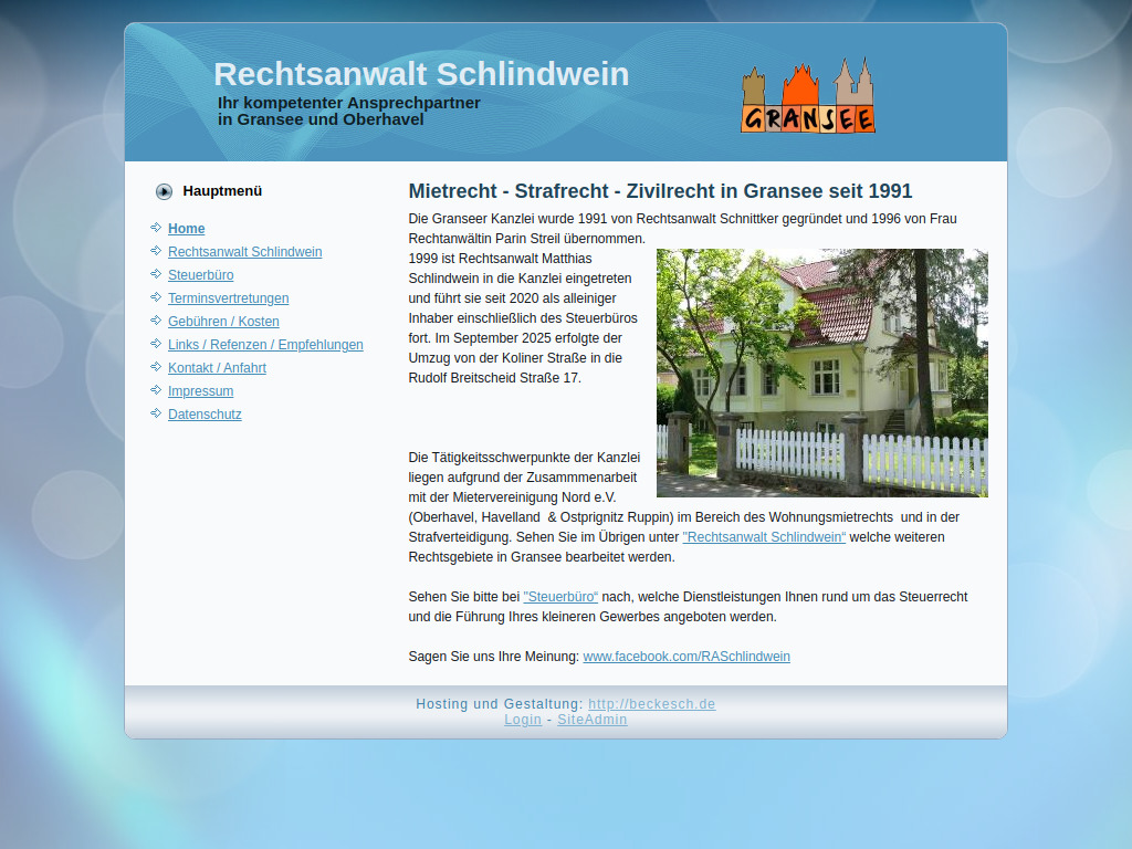 Website von Rechtsanwaltskanzlei Schlindwein in Gransee