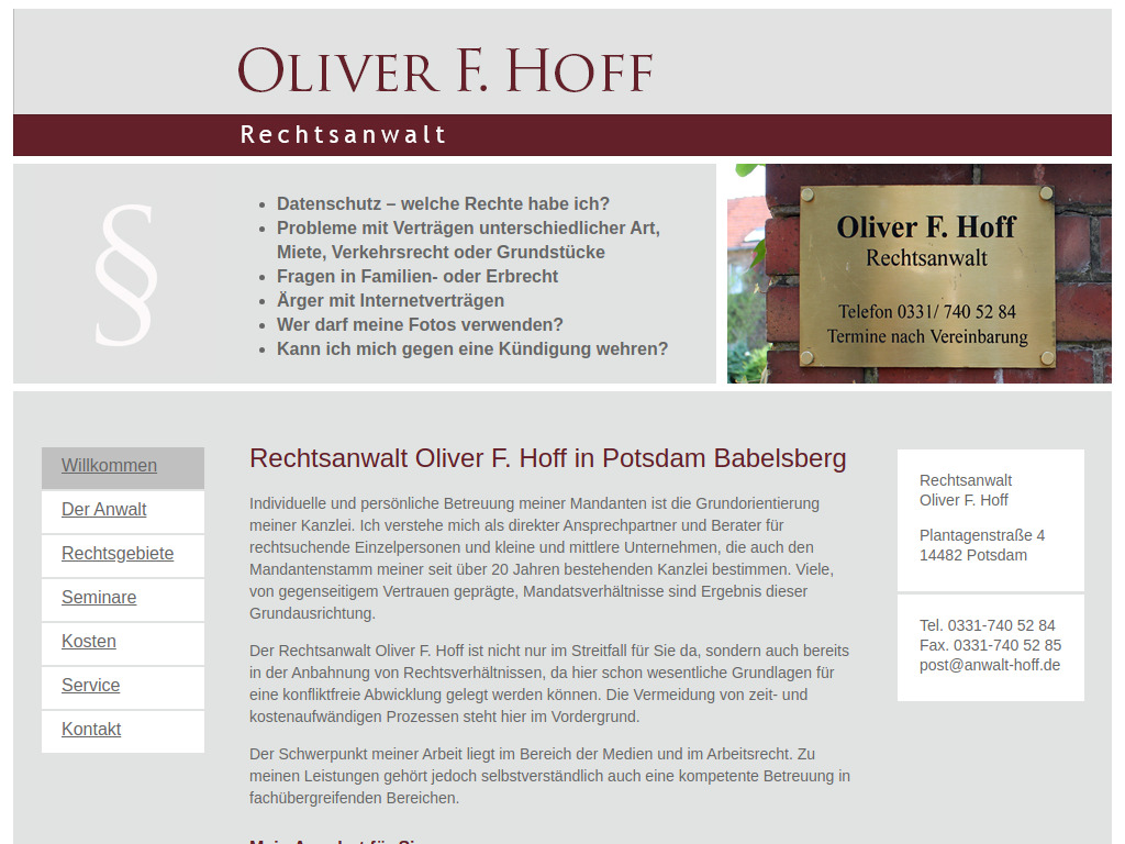 Website von Rechtsanwalt Oliver F. Hoff in Potsdam
