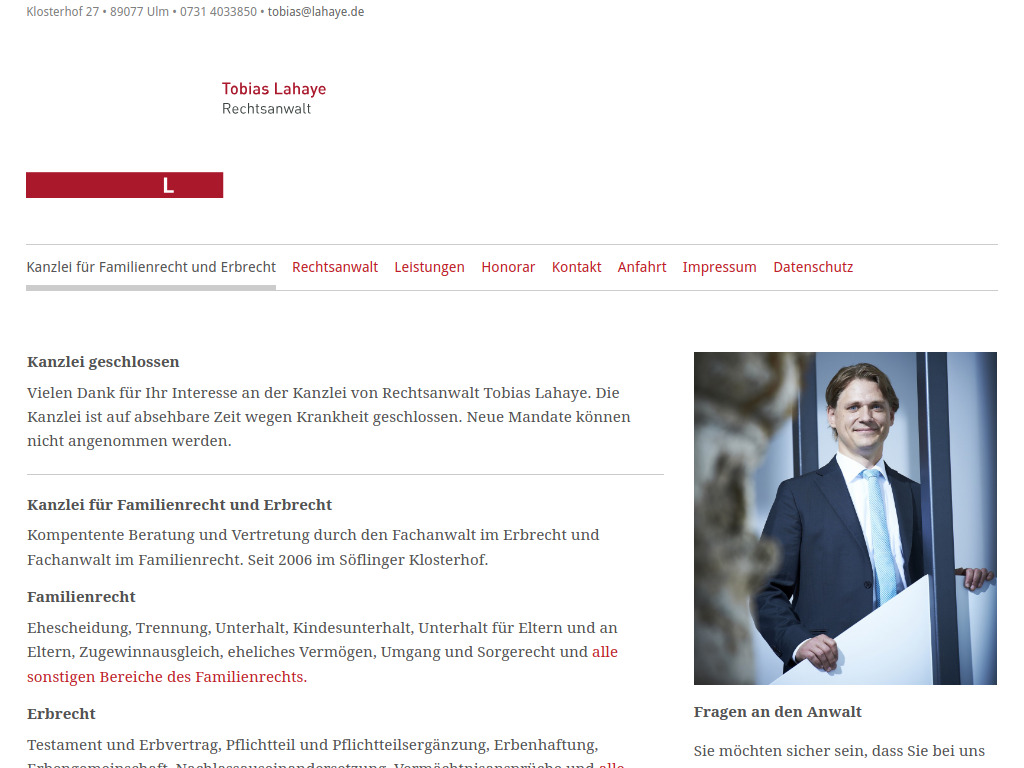 Website von Kanzlei für Familienrecht und Erbrecht - Rechtsanwalt Tobias Lahaye in Ulm