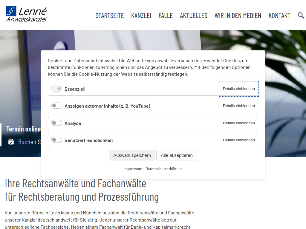 Website von Anwaltskanzlei Lenné in Leverkusen