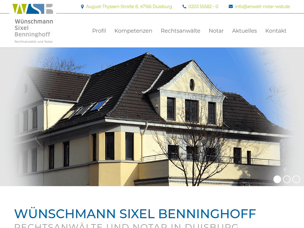Website von WÜNSCHMANN SIXEL BENNINGHOFF in Duisburg