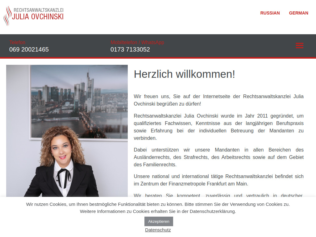 Website von Rechtsanwaltskanzlei Julia Ovchinski in Frankfurt am Main