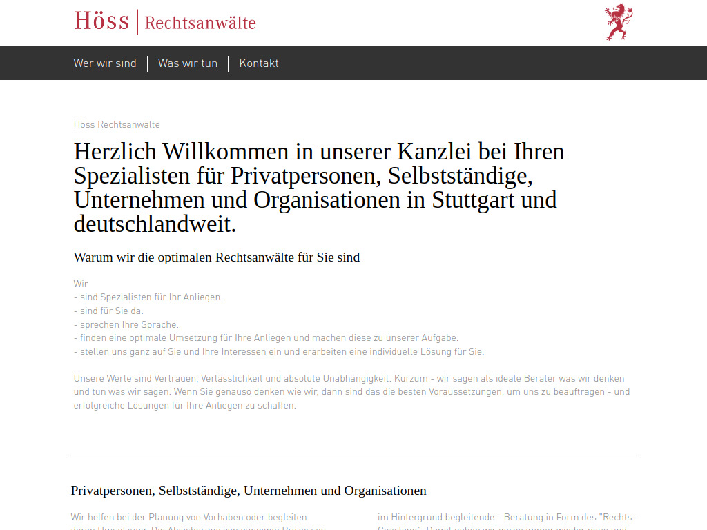 Website von Höss Rechtsanwälte in Stuttgart