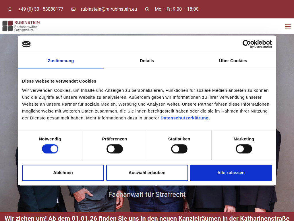 Website von Rubinstein Rechtsanwälte in Berlin