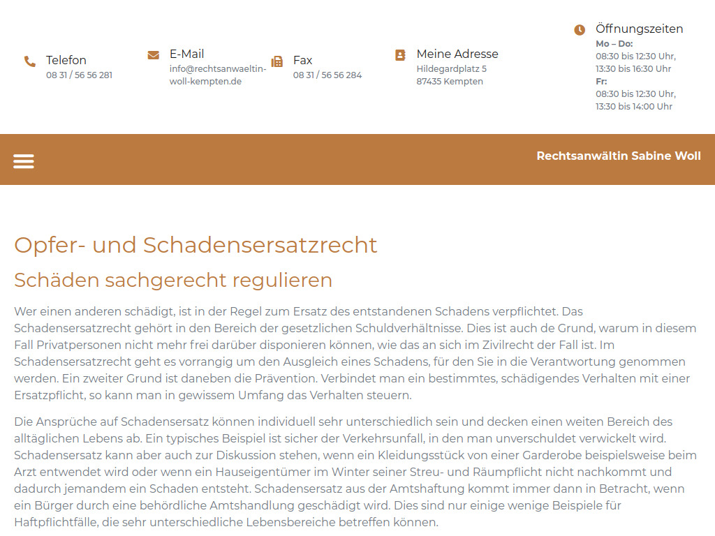 Website von Opfer- und Schadensersatzrecht - Rechtsanwältin Woll Kempten 0831-5656281 in Kempten