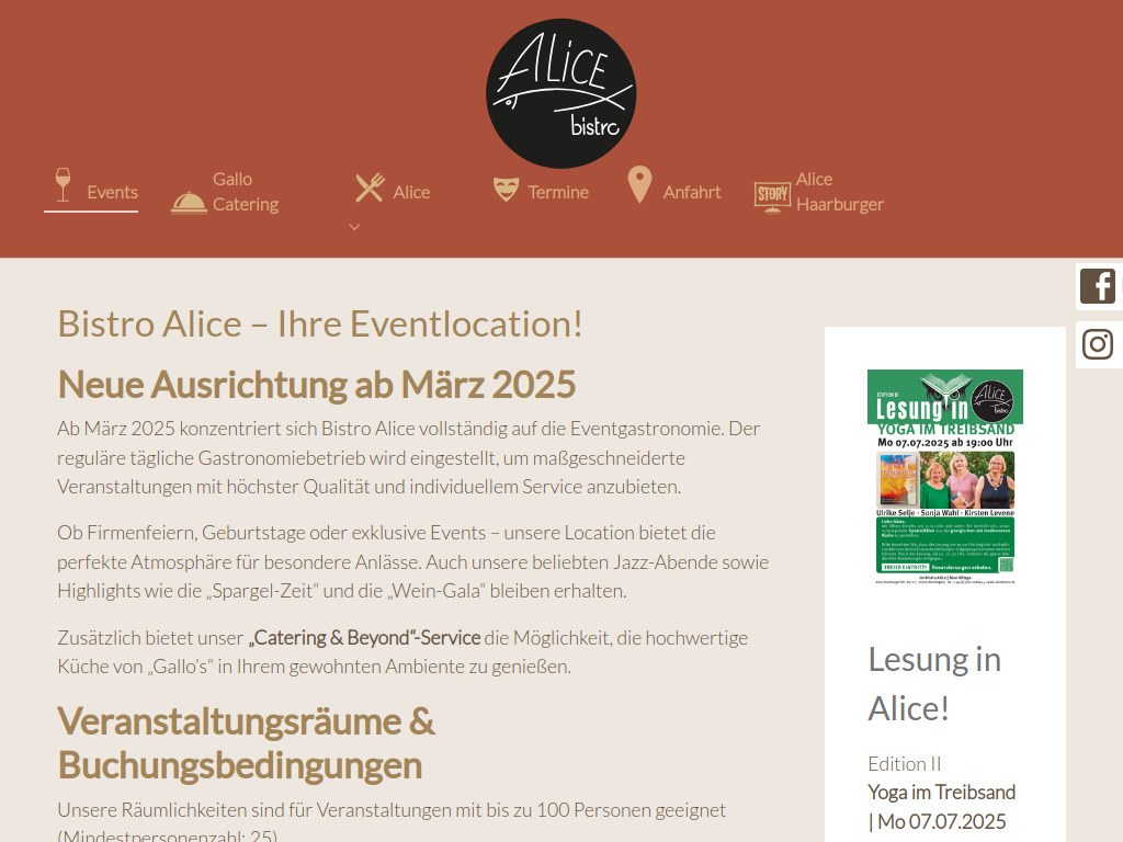 Website von Bistro Alice in Reutlingen