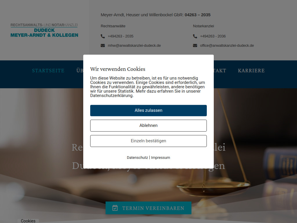 Website von Rechtsanwalts- und Notarkanzlei Dudeck, Meyer-Arndt & Kollegen in Scheeßel
