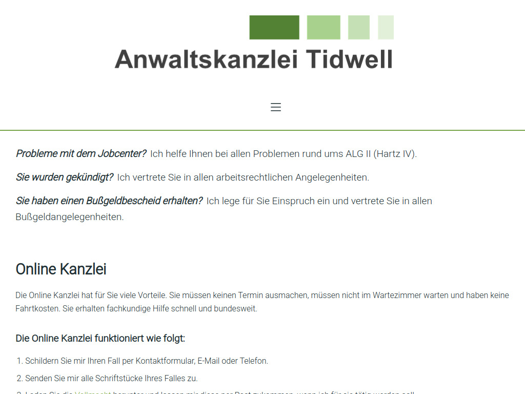 Website von Anwaltskanzlei Tidwell in Berlin