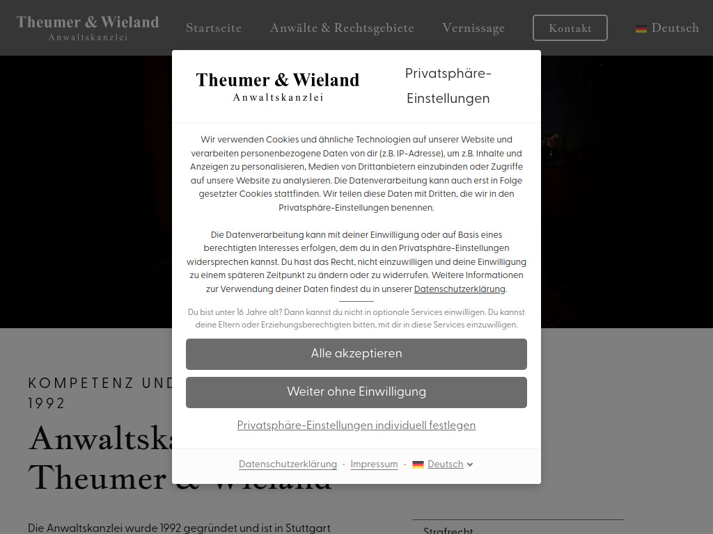 Website von Anwaltskanzlei Theumer & Wieland in Stuttgart