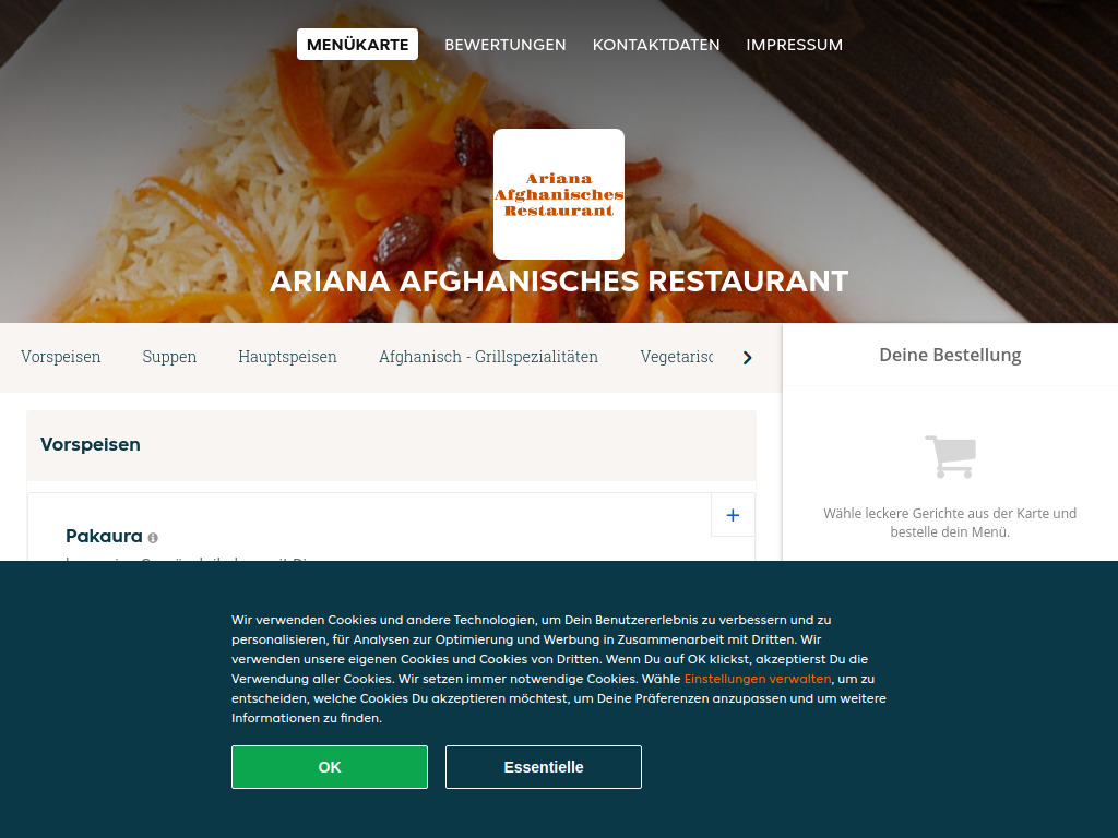 Website von Ariana Afghanisches Restaurant - Essen online bestellen in Innsbruck in Innsbruck