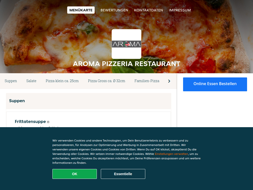 Website von Aroma Pizzeria Restaurant - Essen online bestellen in Heinfels in Heinfels