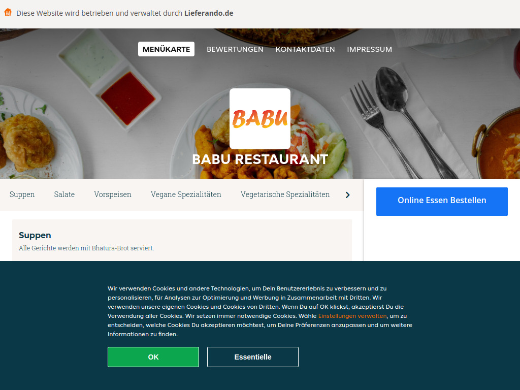 Website von Babu Restaurant - Essen online bestellen in Berlin