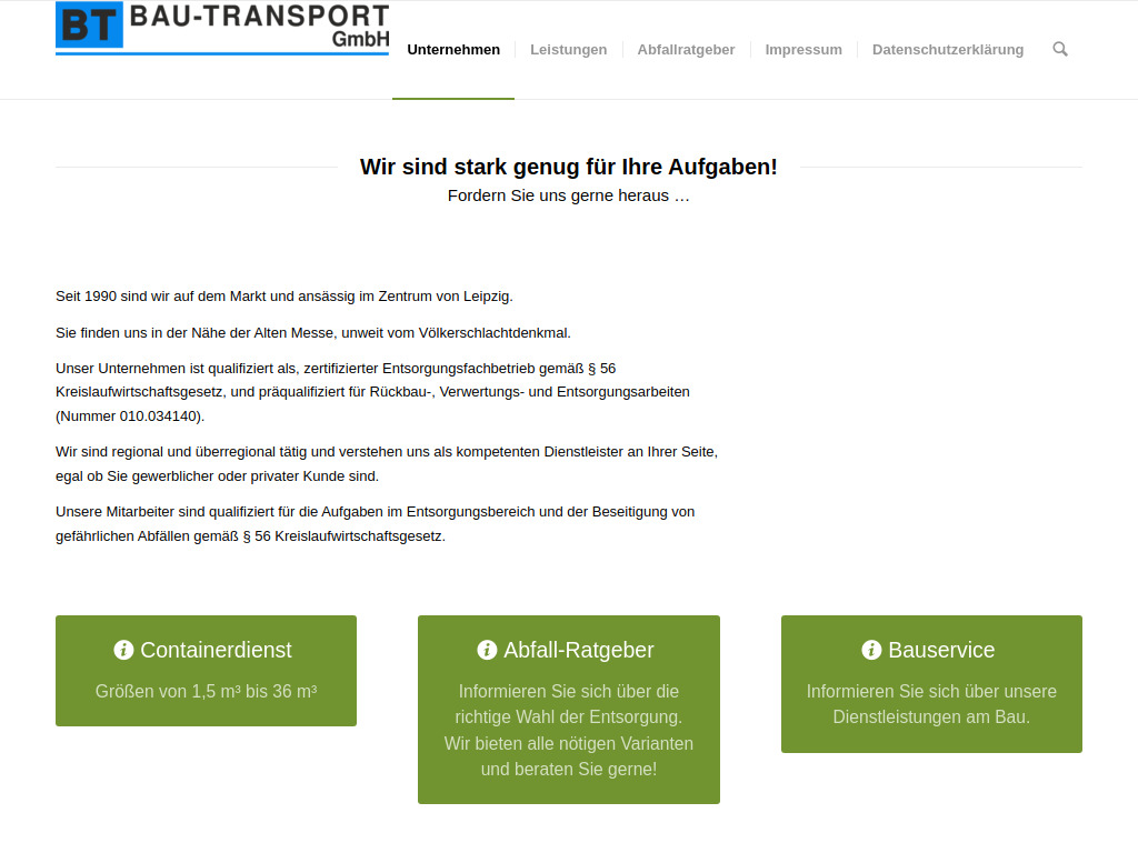 Website von BT Bau- Transport GmbH in Leipzig