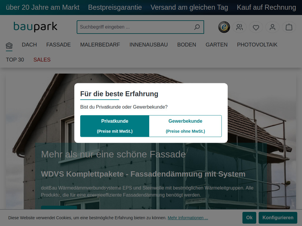 Website von Baustoffe & Solarprodukte günstig kaufen bei baupark.de in Wuppertal
