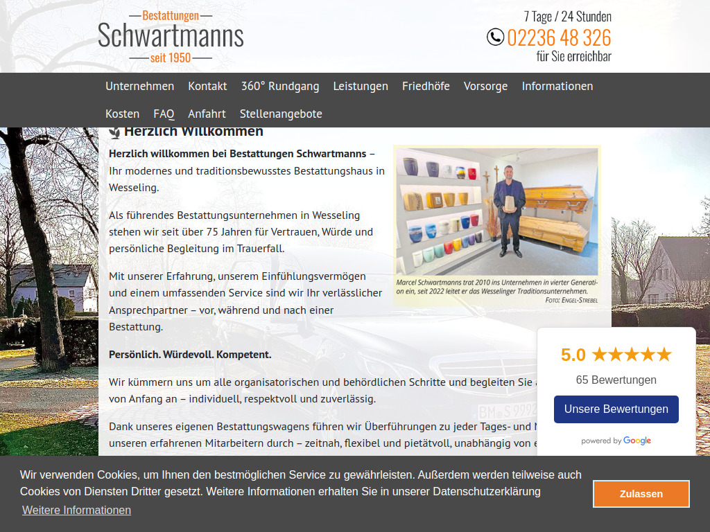 Website von Bestattungen Schwartmanns in Wesseling