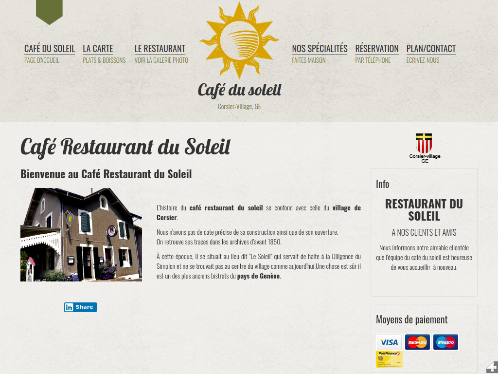 Website von Café Restaurant du Soleil à Corsier village in Corsier