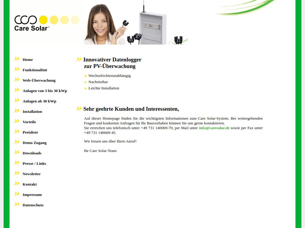 Website von caresolar.de - Datenlogger für Solaranlagen - Wechselrichter unabhängig