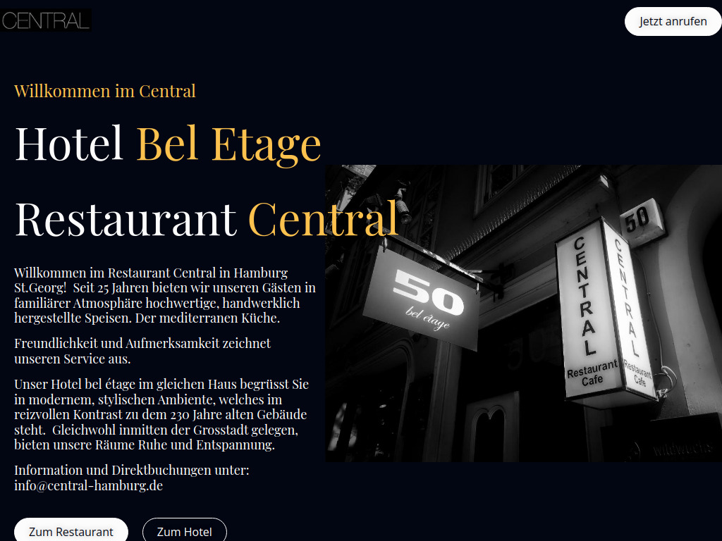 Website von Hotel Bel Etage - Restaurant Central in Hamburg