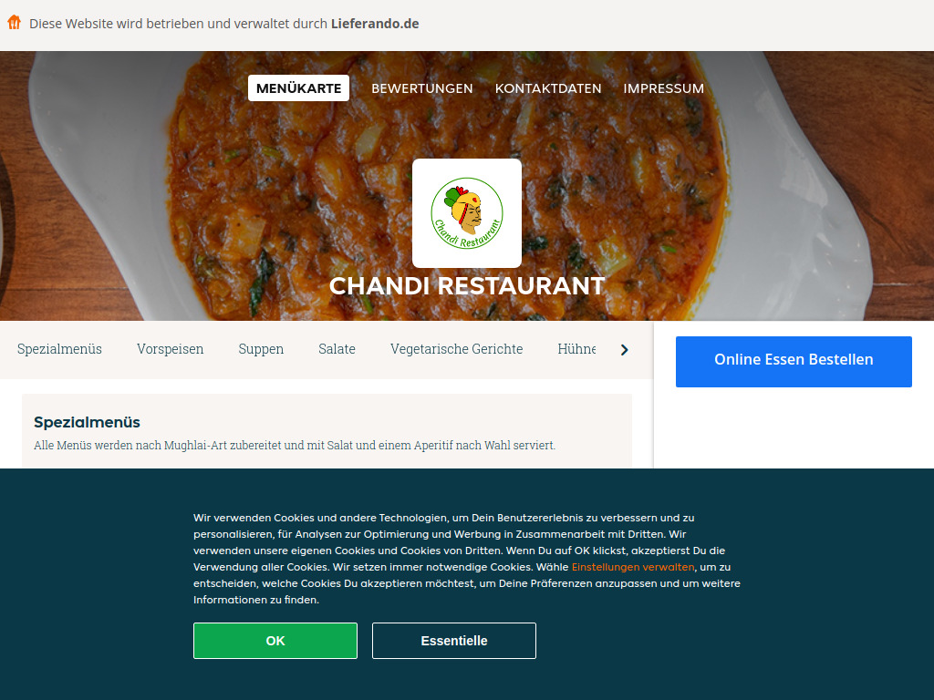 Website von Chandi Restaurant - Essen online bestellen in Berlin