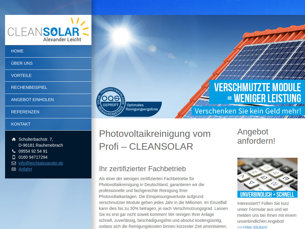 Website von Photovoltaik-Reinigung Cleansolar Alexander Leicht in Rauhenebrach