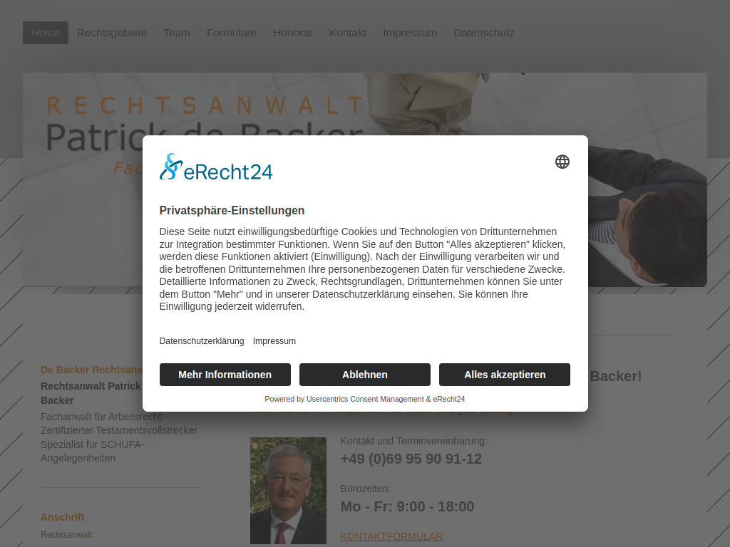 Website von De Backer Rechtsanwälte in Frankfurt am Main