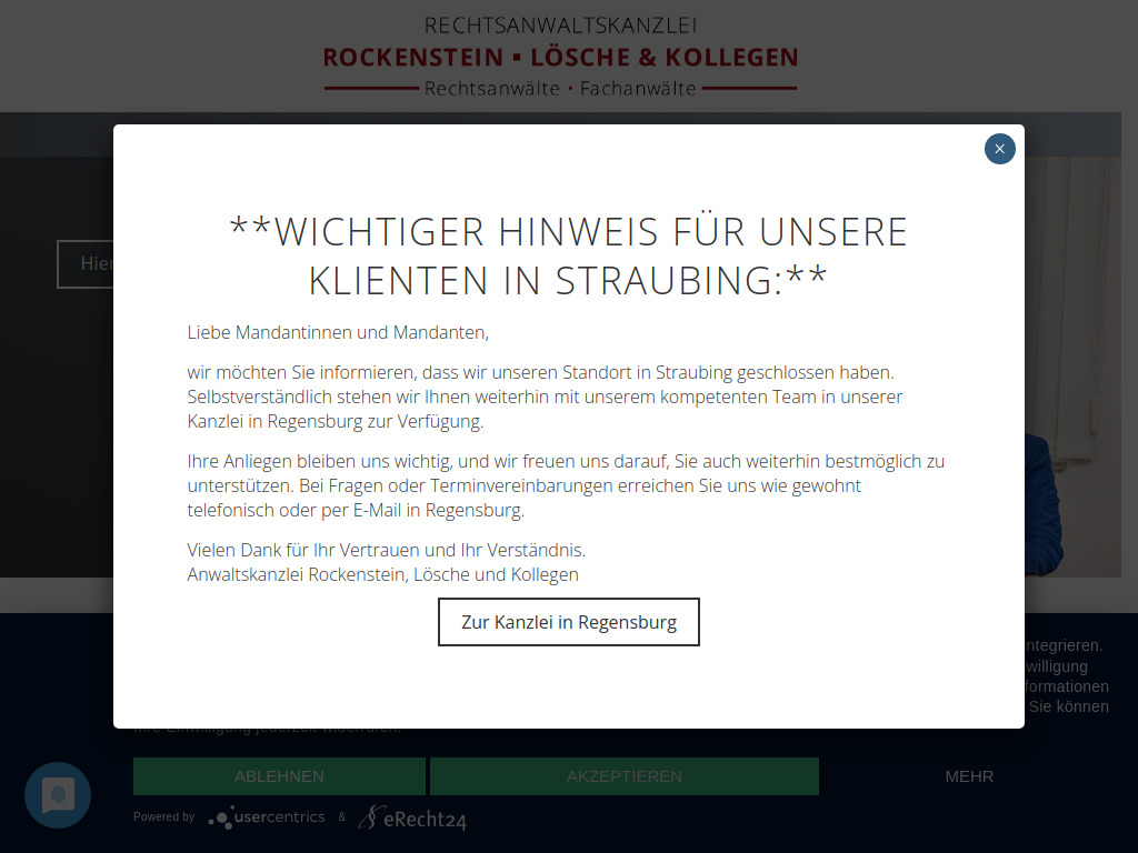 Website von Rechtsanwaltskanzlei Rockenstein • Lösche & Kollegen in Straubing