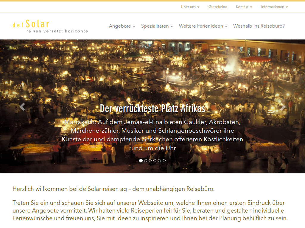 Website von delSolar reisen ag in Maschwanden