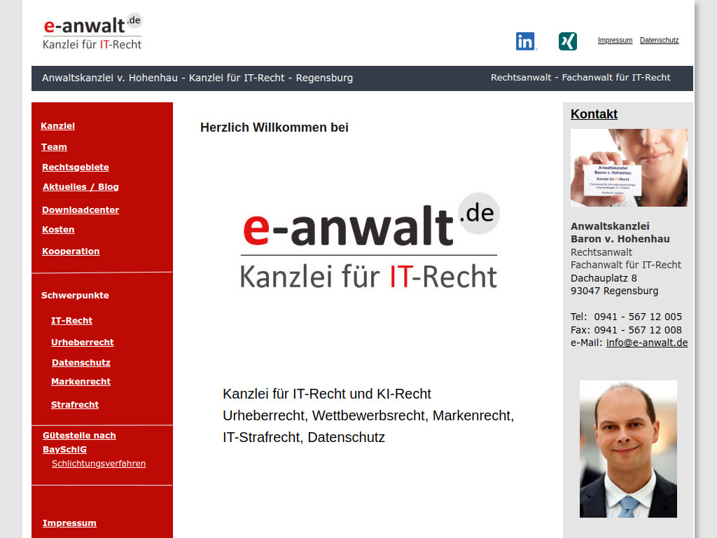 Website von Anwaltskanzlei Baron v. Hohenhau in Regensburg
